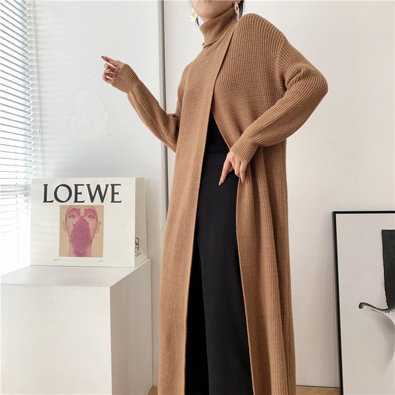 Designed High Neck Split Knitted Pullover Long Dresses
