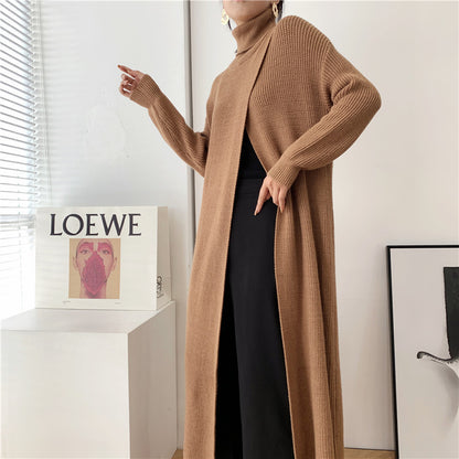 Designed High Neck Split Knitted Pullover Long Dresses