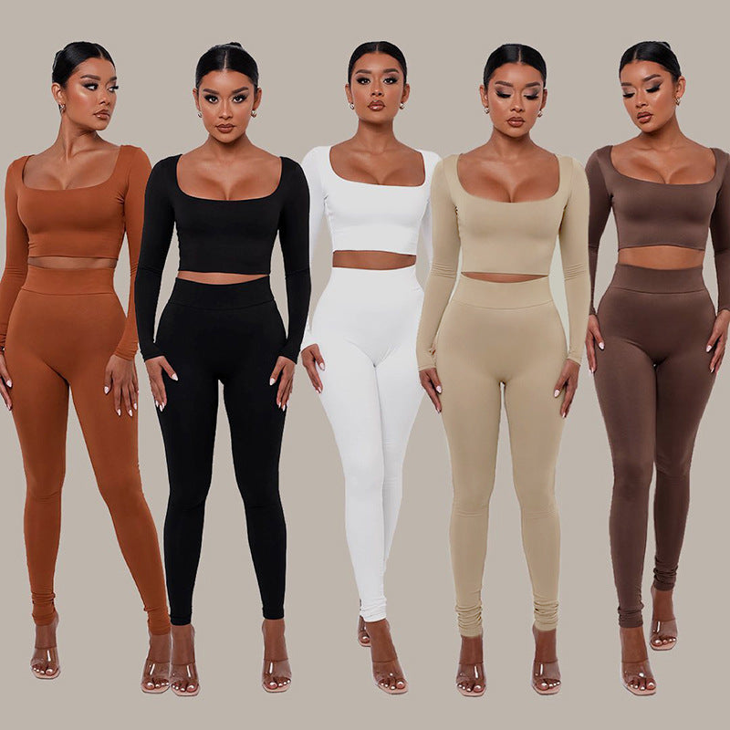 Women High Waist Legging Pants and Long Sleeves Short Tops