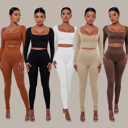 Women High Waist Legging Pants and Long Sleeves Short Tops
