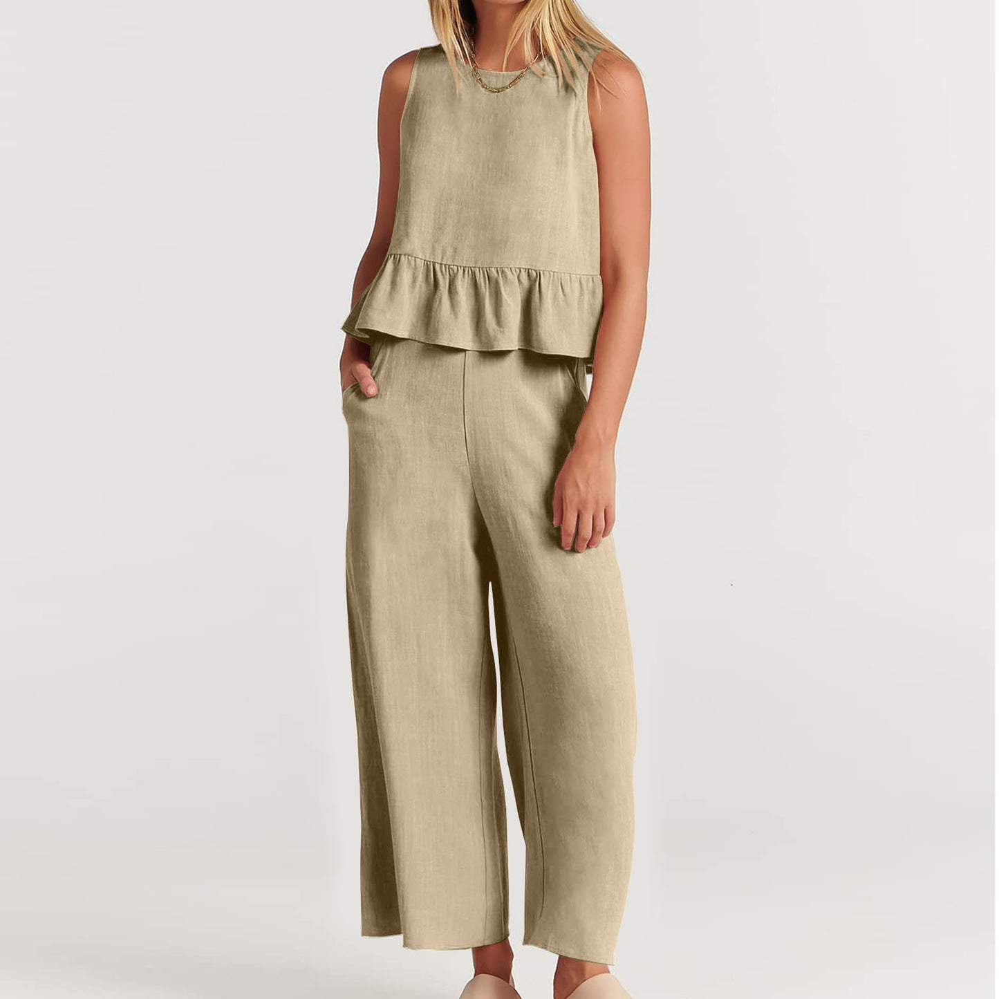 Summer Sleeveless Linen Two Pieces Women Suits