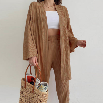 Casual Long Sleeves Tops & Wide Legs Pants Women 2Pcs Sets