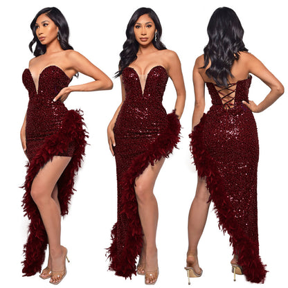 Gorgeous Strapless Sequined Feather Decoration Party Dresses