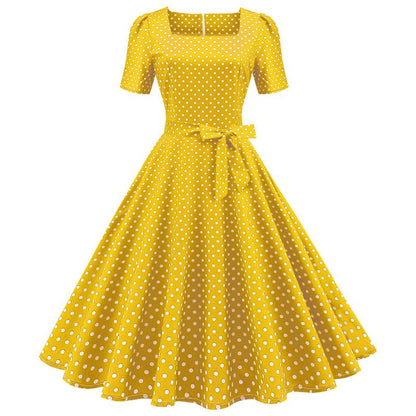 Short Sleeve Square Neckline Print Dot Dresses-STYLEGOING