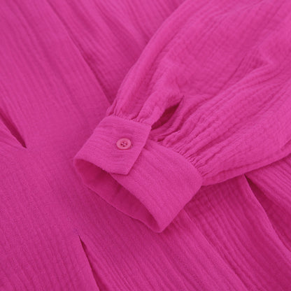 Rose Red Cotton Long Sleeves Short Women Shrit Dresses