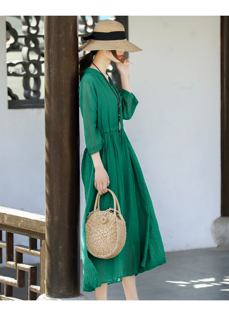 Casual Linen Half Sleeves Drawstring Long Cozy Dresses