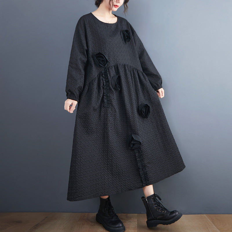 Vintage 3D Flower Black Long Cozy Dresses