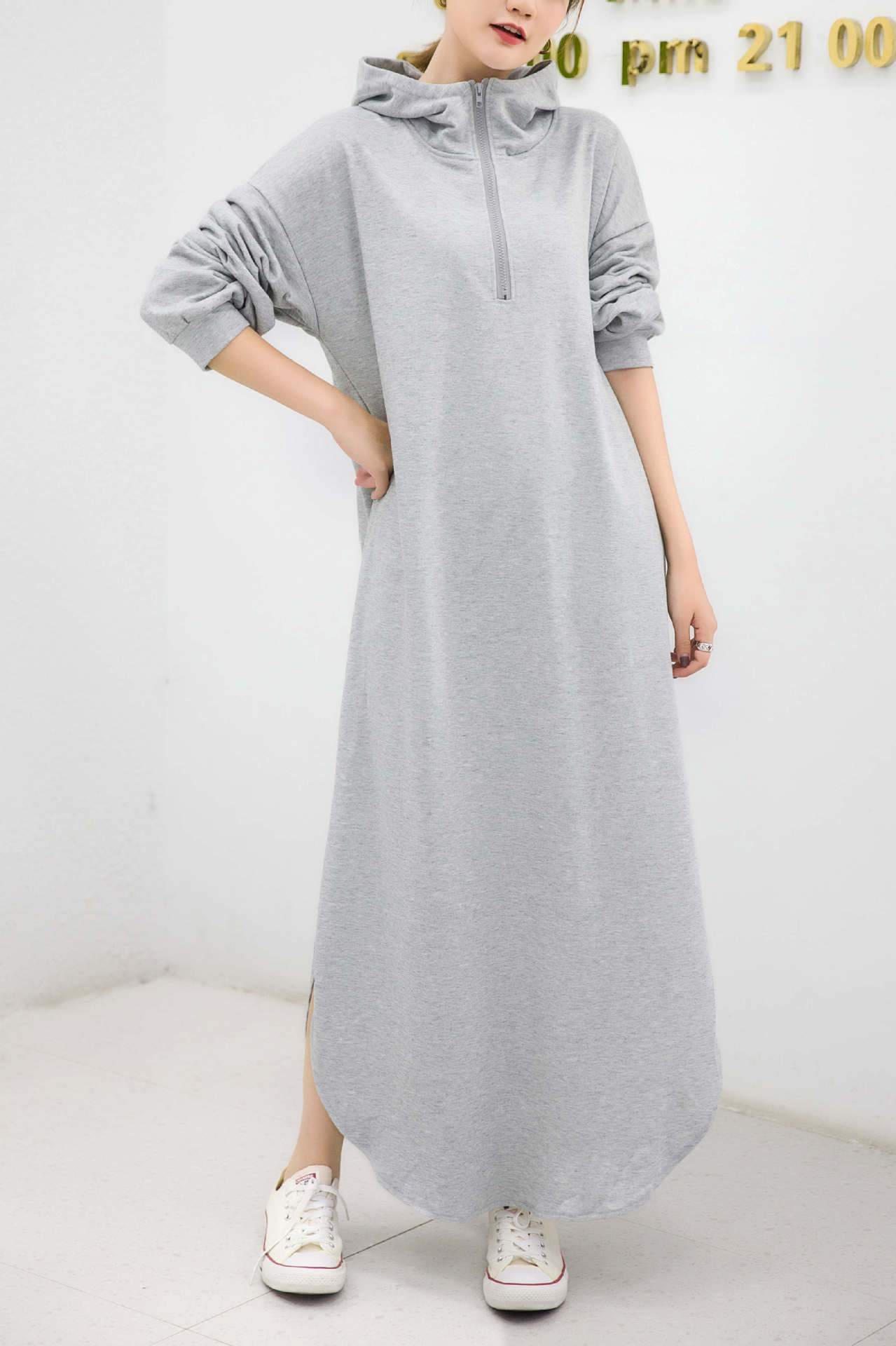 Women Casual Zipper Fall Long Hoody Dresses-STYLEGOING