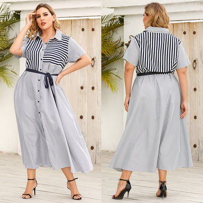 Summer Striped Short Sleeves Plus Sizes Women Shirts Dresses