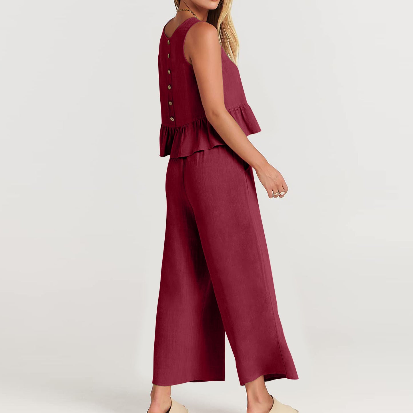 Summer Sleeveless Linen Two Pieces Women Suits