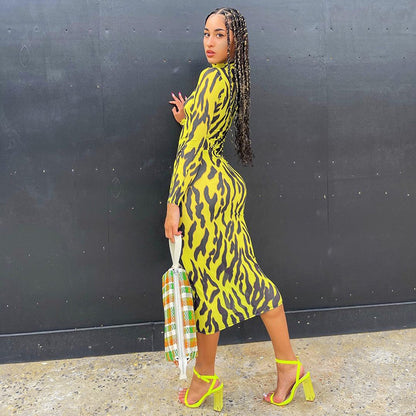 Sexy High Neck Yellow Leopard Long Sleeves Women Dresses