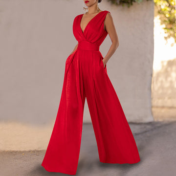 Summer Red Wide Straight Legs Jumpsuits for Women
