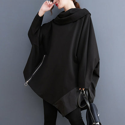 Black Pullover Long Sleeves Irregular Hoodies for Women
