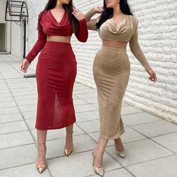Sexy High Waist Long Sleeves Midriff Baring 2pcs/Set