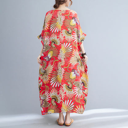 Casual Floral Print Red Plus Sizes Maxi Dresses