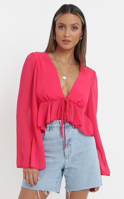Sexy Women Summer Chiffon Deep V Neck Shirts-Rose Red-S-Free Shipping at meselling99
