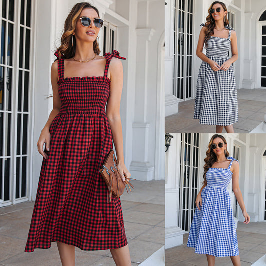 Summer Plaid Sleeveless Daily Dresses
