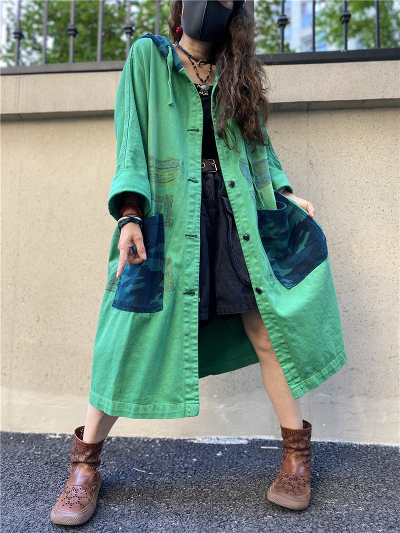 Vintage Plus Sizes Green Long Trenchcoat-STYLEGOING