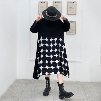 Vintage Dot Print Black Long Sleeves A Line Shirts Dresses