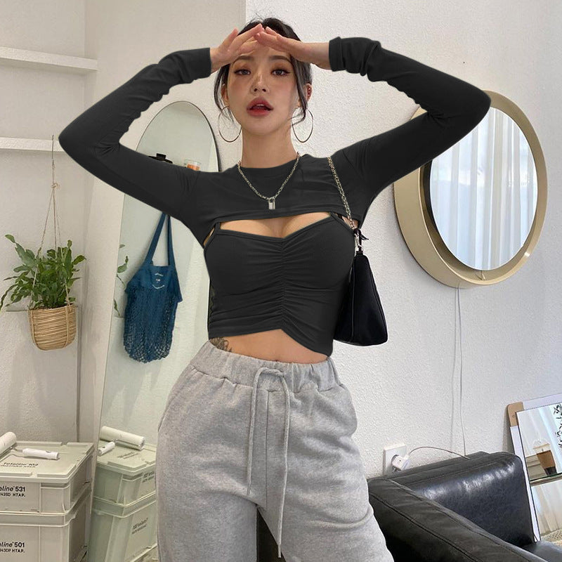 Sexy Designed Midriff Baring Long Sleeves Cover and Crop Top Sets