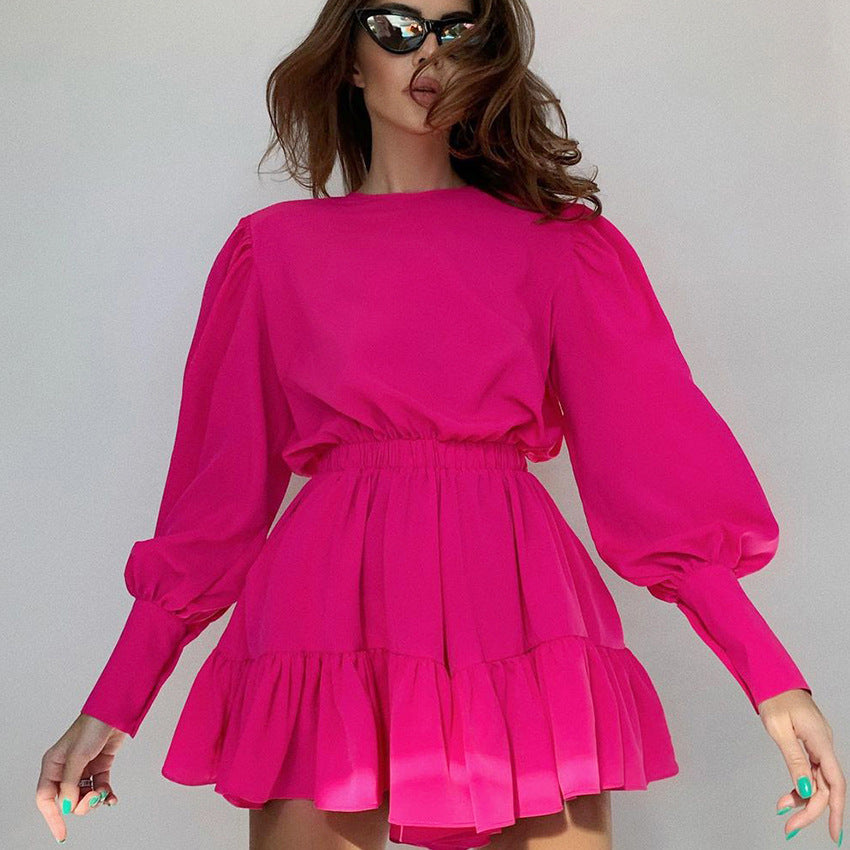 Vintage Long Sleeves Elastic Waist Short Dresses
