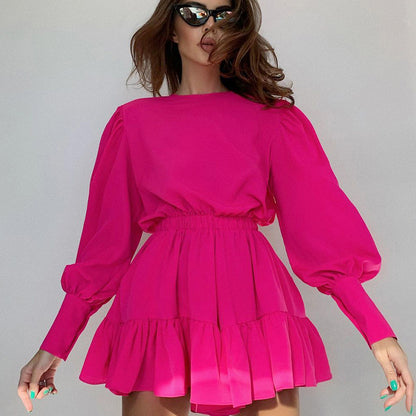 Vintage Long Sleeves Elastic Waist Short Dresses