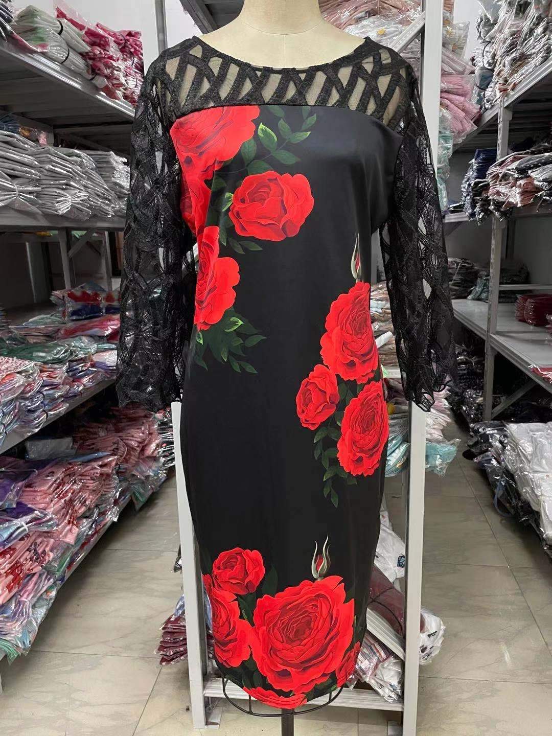 Women Foral Print Lace Plus Sizes Fall Dresses-STYLEGOING
