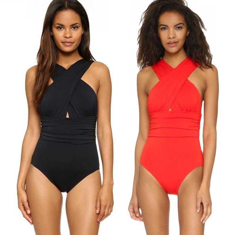 Women V Neck Cross One Piece Swimsuits-STYLEGOING