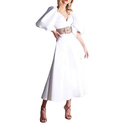 White Backless Puff Long Dresses-STYLEGOING