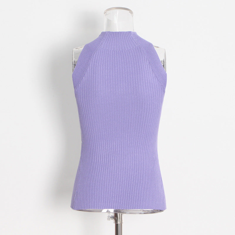 Designed High Neck Irregular Women Knitted Tank Tops