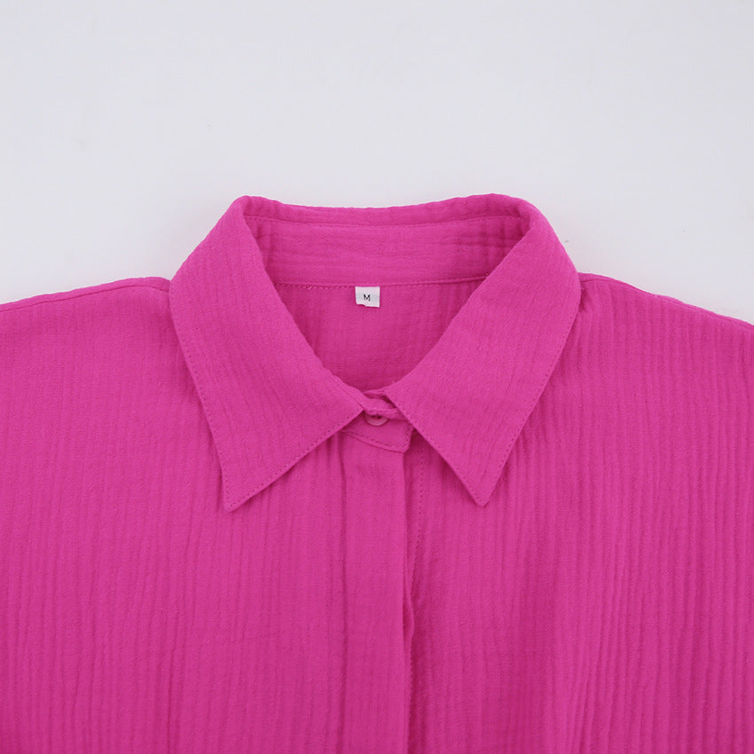 Rose Red Cotton Long Sleeves Short Women Shrit Dresses
