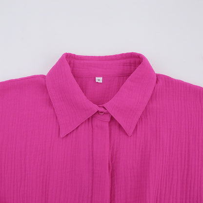 Rose Red Cotton Long Sleeves Short Women Shrit Dresses