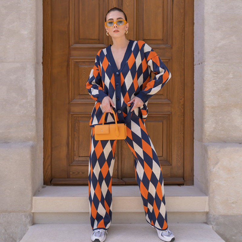 Women Geometry Casual Knitting Top&Pants Two Pieces Suits