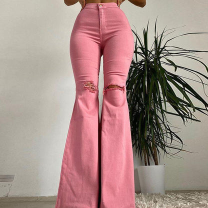 Women Denim Broken Holes Elastic Colorful Jeans