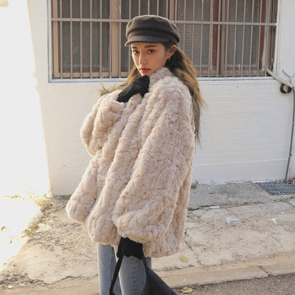 Winter Ivory Sherpa Stand Collar Overcoats for Women
