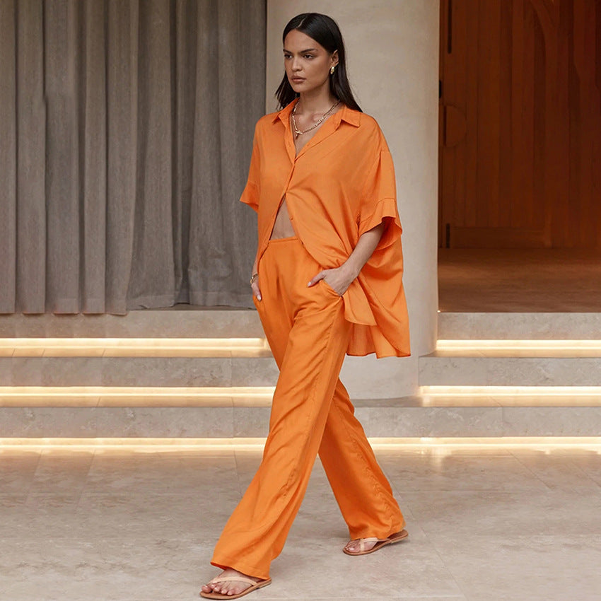 Summer Short Sleeves Orange Shirts and Wide Leg Pants Two Pieces Suits
