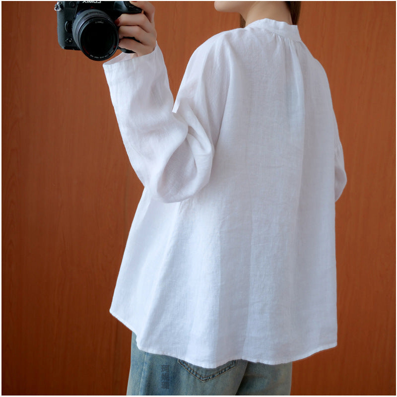 Vintage Linen White Long Sleeves Women Top Shirts