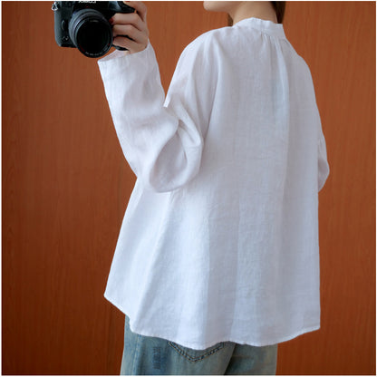 Vintage Linen White Long Sleeves Women Top Shirts