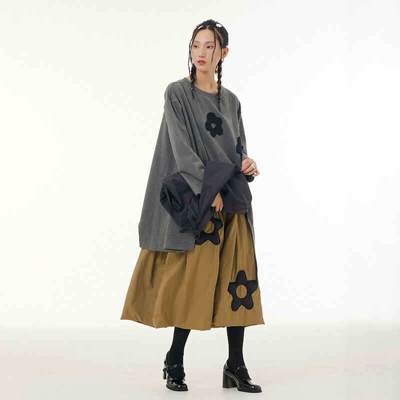 Gray Flowers Irregular Pullover Top Sweaters