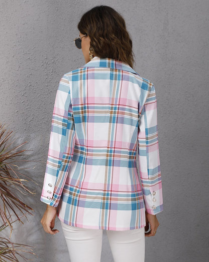 Women Colorful Plaid Long Sleeves Blazers-STYLEGOING