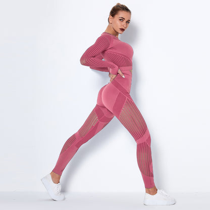 Sexy Hollow Out Long Sleeves Tops and Leggings Sets for Yoga Sporting
