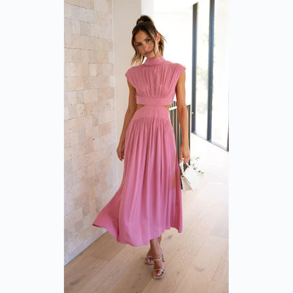 Fashion Stand Collar Waist Baring Summer Long Dresses