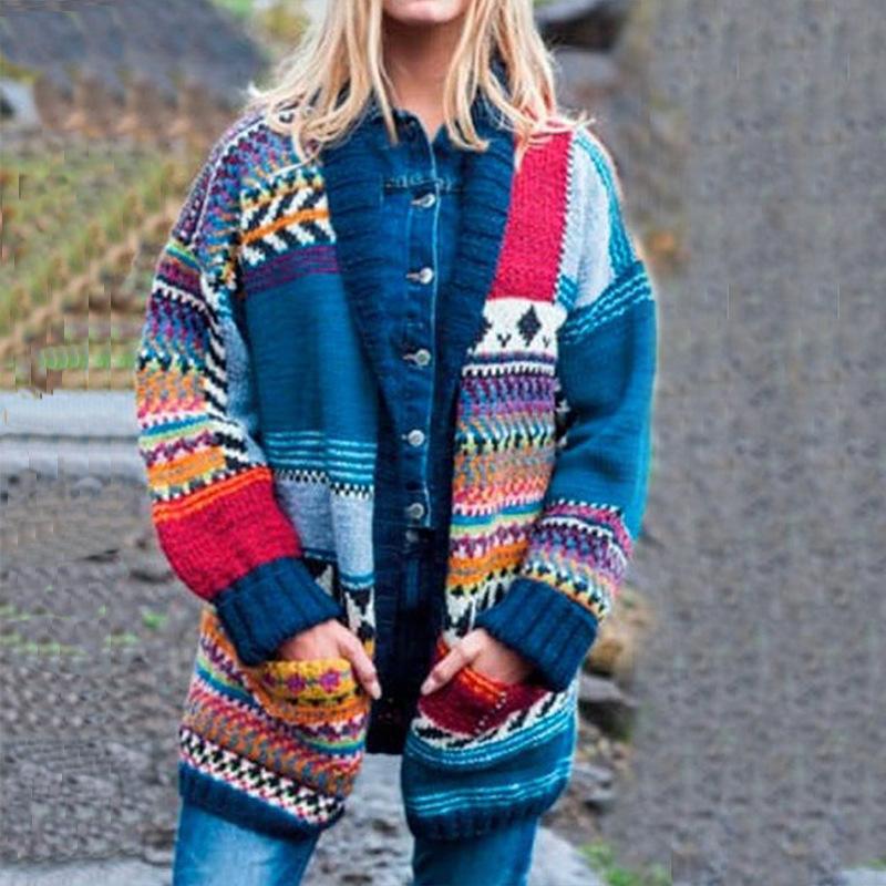 Blue Women Knitting Fall Sweaters with Pocket-STYLEGOING