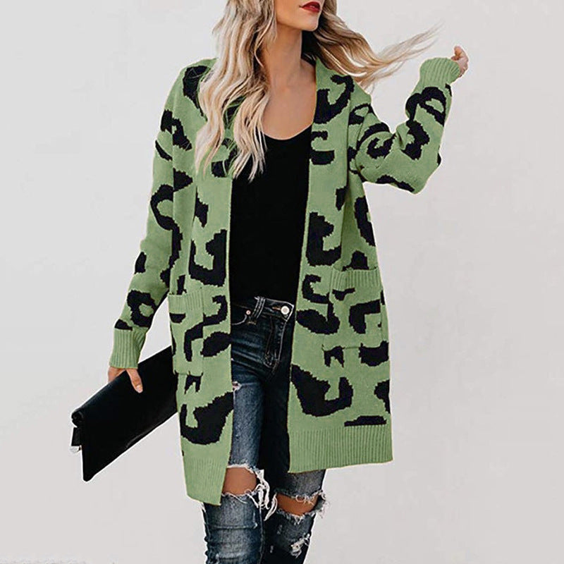 Women Leopard Design Pockets Knitting Cardigans