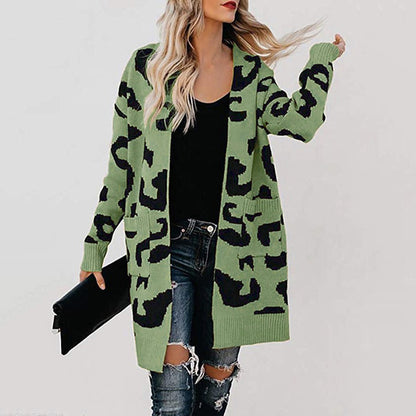 Women Leopard Design Pockets Knitting Cardigans