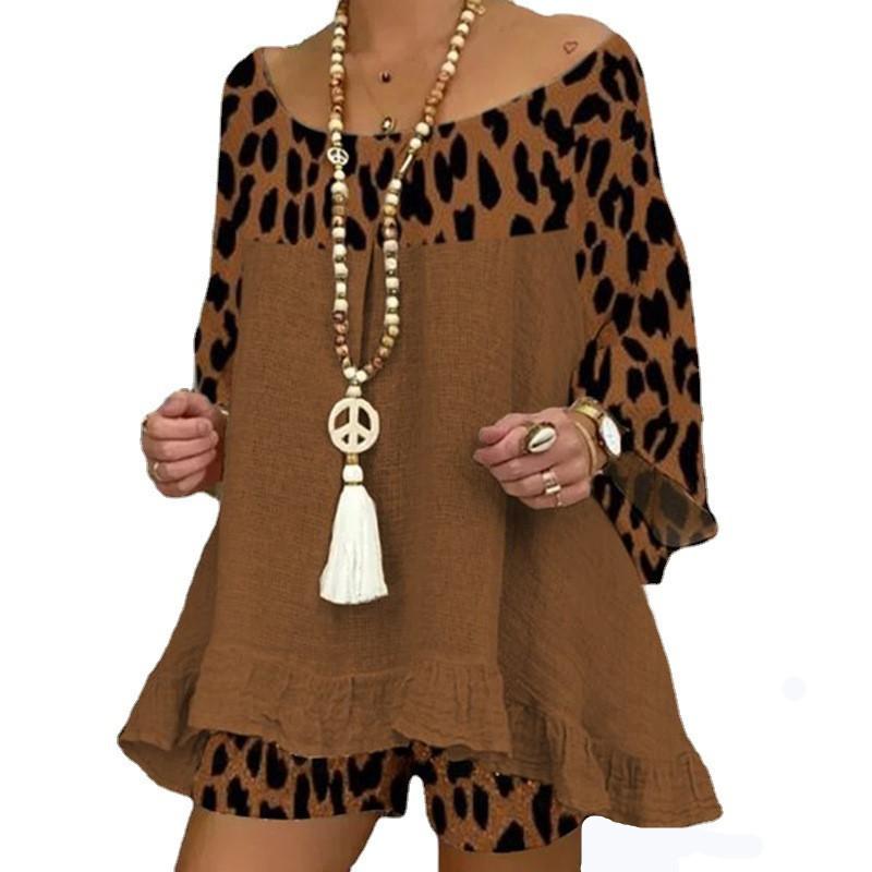 Plus Size Sumemr Leopard Linen Blouses&Shorts Suits-STYLEGOING