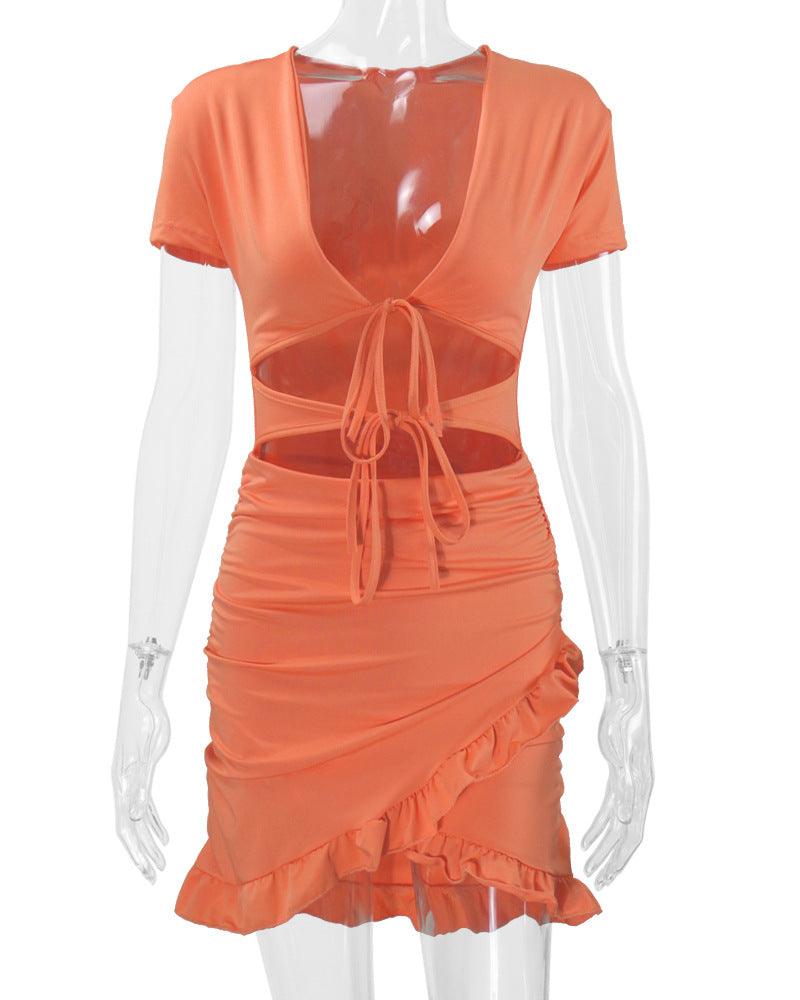 Sexy Deep V Neck Ruffled Bodycon Dresses