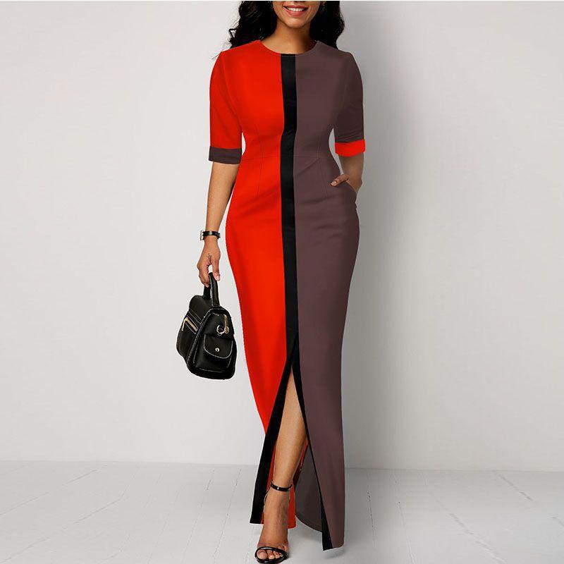 Women Round Neck Split Joint Long Dresses-STYLEGOING