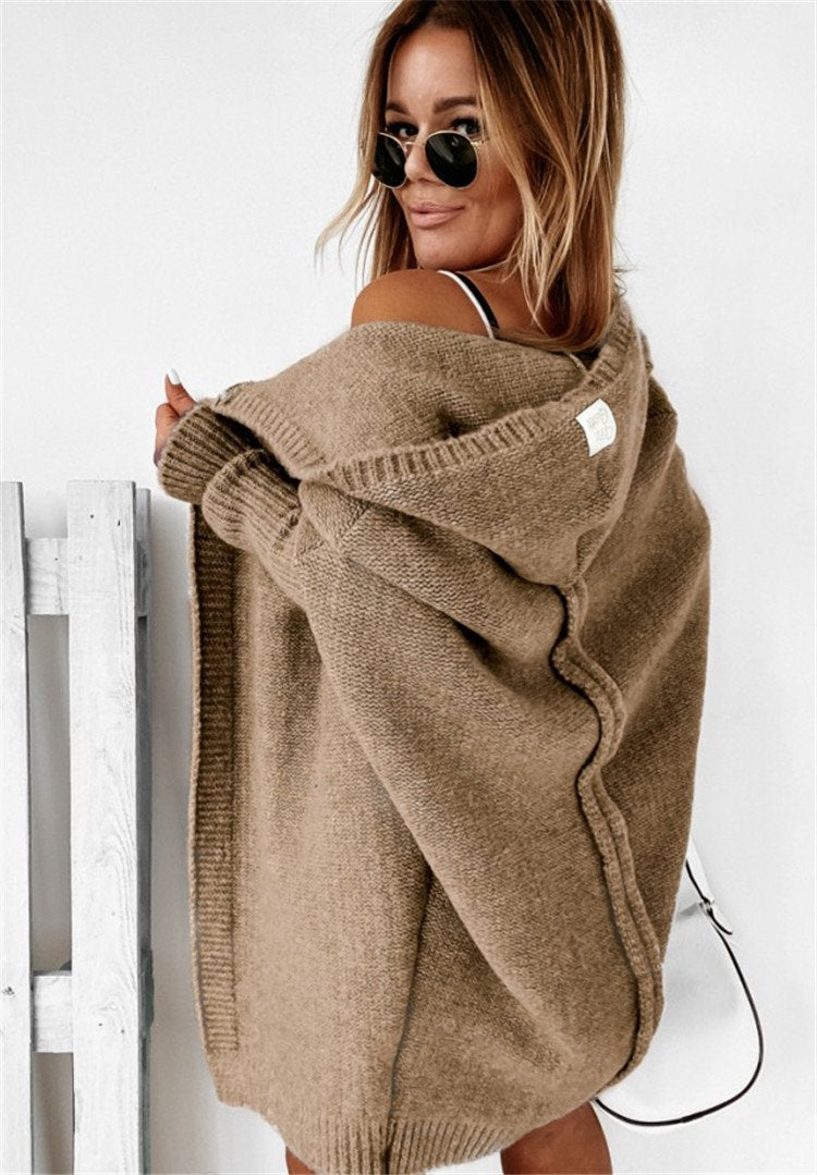 Women Knitting Batwing Sleeved Hoody Sweaters-STYLEGOING