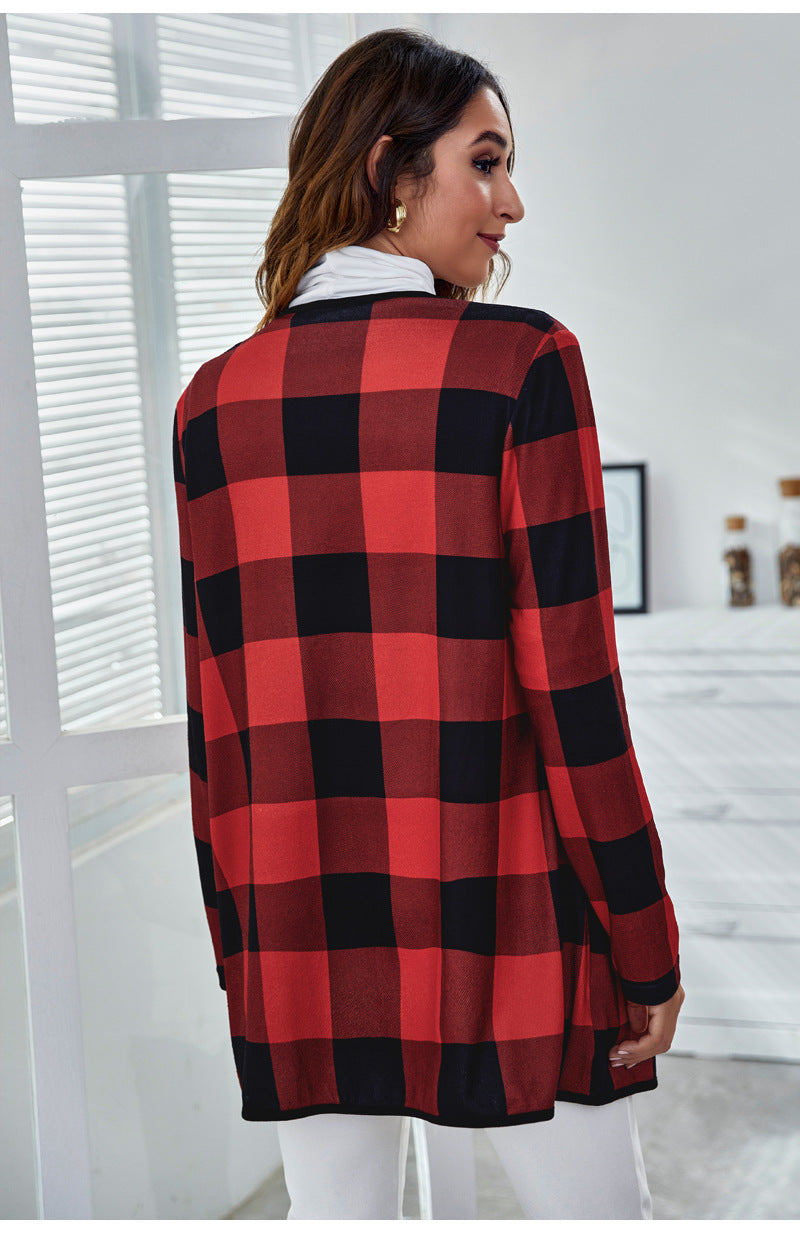 Casual Pocket Design Plaid Women Coats